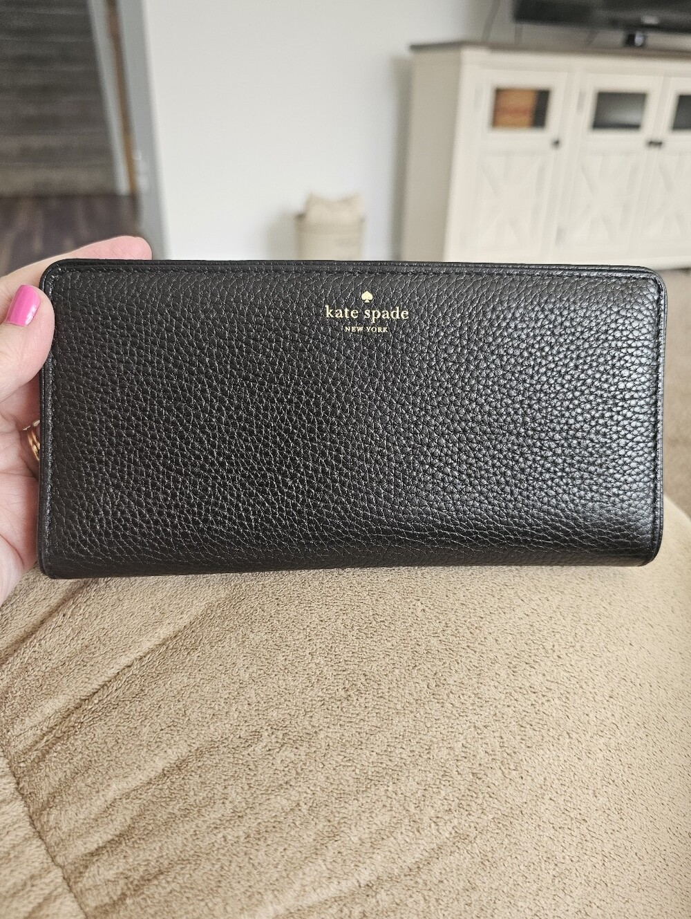 kate spade Black Pebbled Leather Continental Wallet with Gold Foil Logo